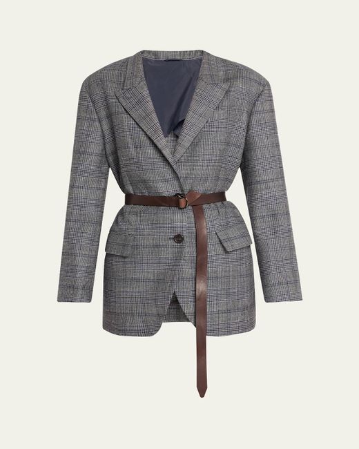 Brunello Cucinelli Blue Belted Wool Prince Of Wales Single-Breasted Blazer Jacket
