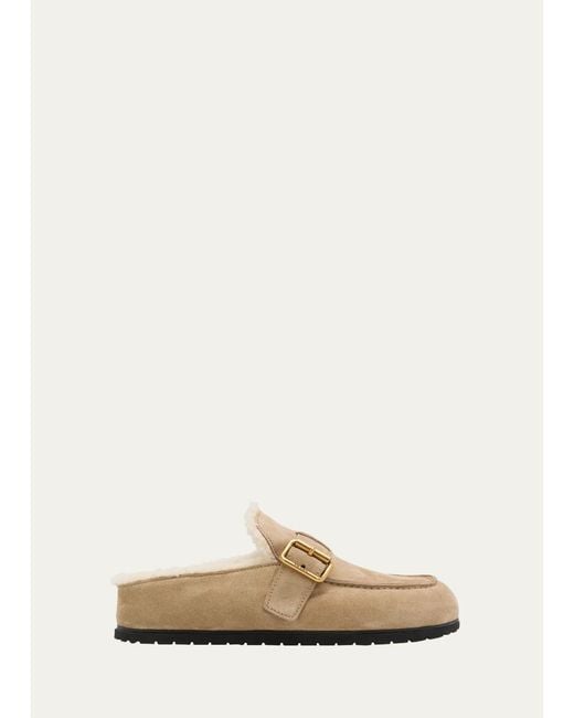 Prada Natural Shearling-Lined Suede Buckle Clogs