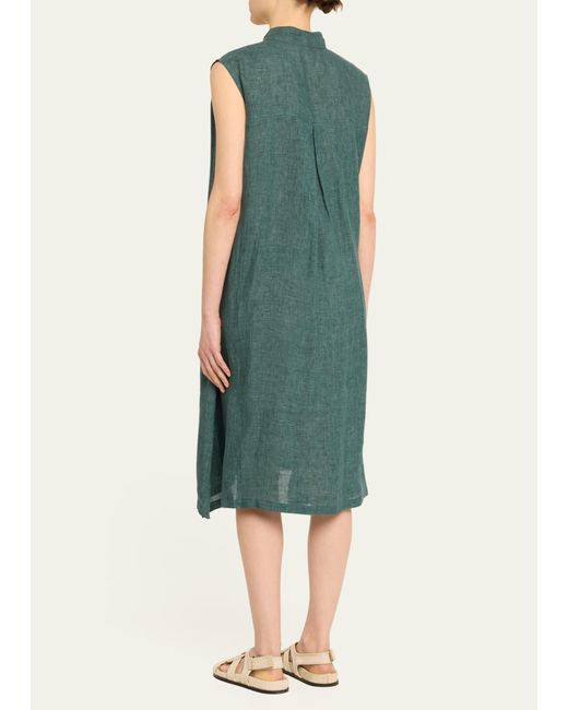 Eskandar Green A-line Collarless Sleeveless Shirt Dress