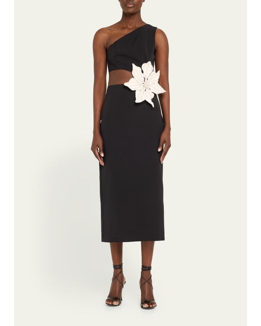PATBO Black Flower Applique One-shoulder Cutout Midi Dress