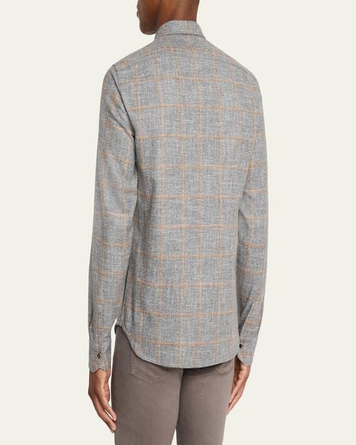 Kiton Gray Windowpane Snap-Front Overshirt for men