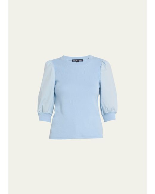 Veronica Beard Blue Coralee Knit Puff-sleeve Top