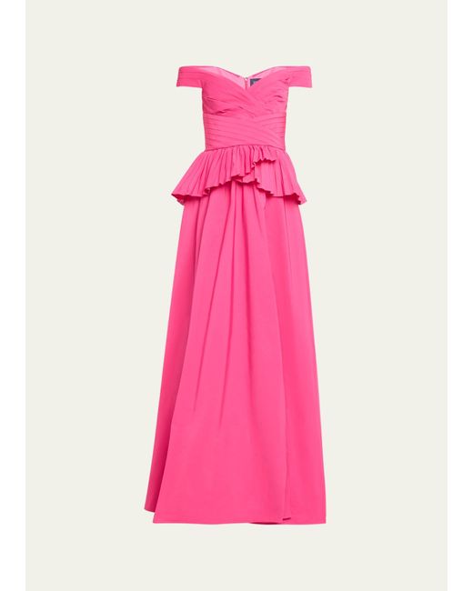 Marchesa Pink Off-shoulder Taffeta Peplum Gown