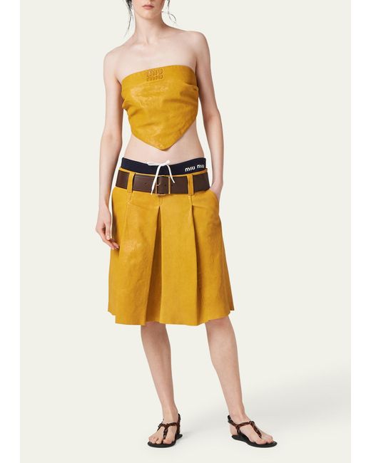 Miu Miu Yellow Large Pleated Midi Leather Skirt