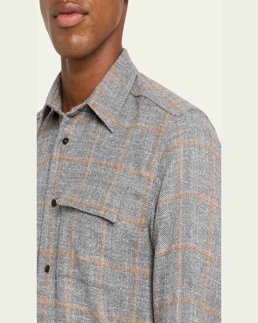 Kiton Gray Windowpane Snap-Front Overshirt for men
