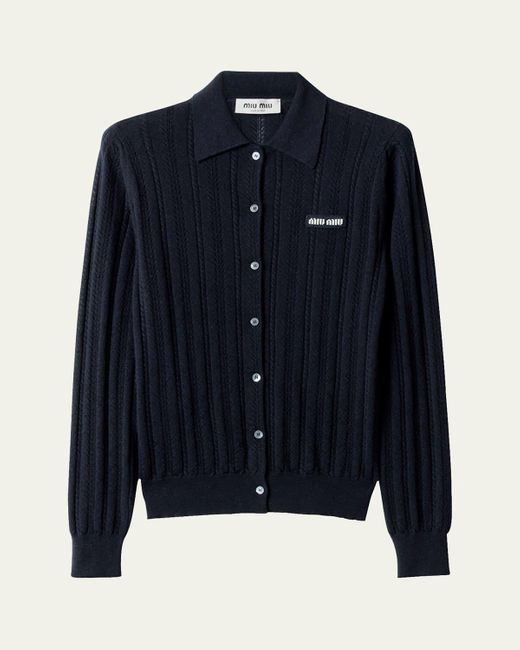 Miu Miu Blue Cashmere Pointelle Cable-Knit Cardigan