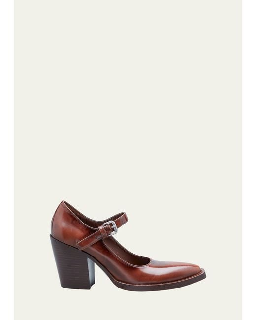 Prada Leather Mary Jane Block Heel Pumps in Brown Lyst