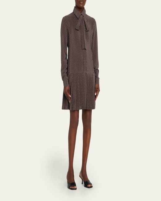 Michael Kors Brown Polka-Dot Silk Pleated Drop-Waist Bow Mini Shirtdress