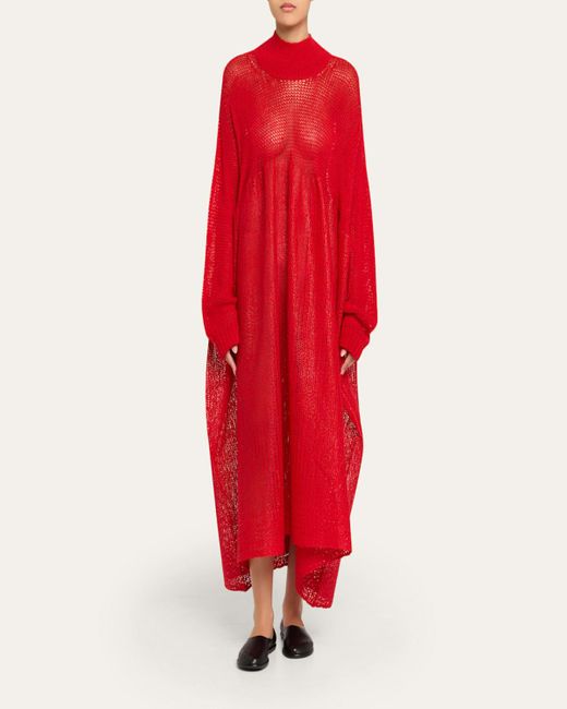 Issey Miyake Red Long-Sleeve Sculpted Knit Maxi Dress