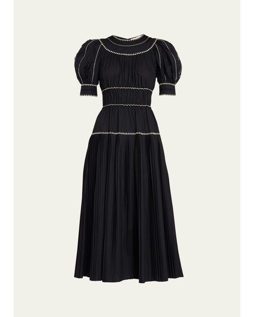 Ulla Johnson Black Harriet Pleated Puff-sleeve Embroidered Midi Dress