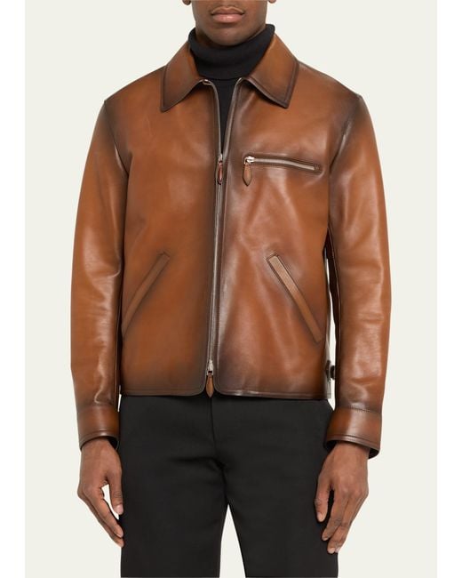 Berluti Brown Jour Patina Leather Full-zip Blouson Jacket for men