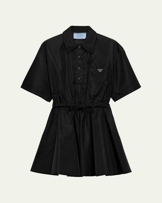 Prada Black Re-Nylon Drawstring Fit-Flare Mini Dress