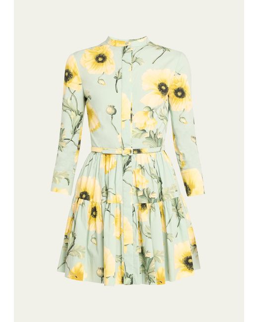Oscar de la Renta Yellow Poppies Button-front Dress With Self Belt