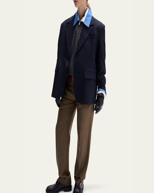 Miu Miu Blue Logo Embroidered Oversized Wool Blazer Jacket