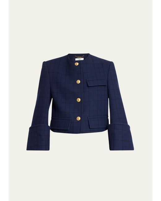 Chloé Blue Lower Impact Wool Check Crop Jacket