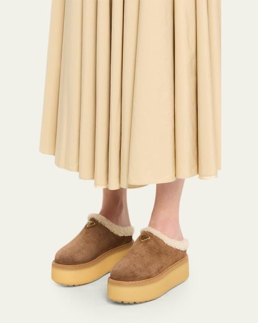 Prada Natural Suede Shearling Cozy Platform Mules