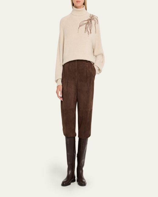 Brunello Cucinelli Natural Cashmere Turtleneck With Monili Flower Detail