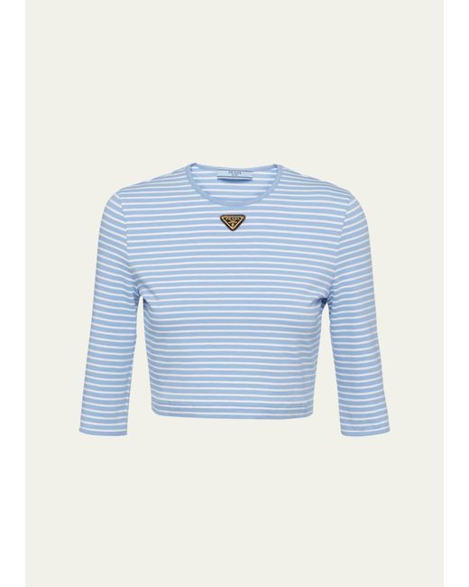 Prada Blue Stripe Three-quarter Sleeve Jersey Crop Shirt