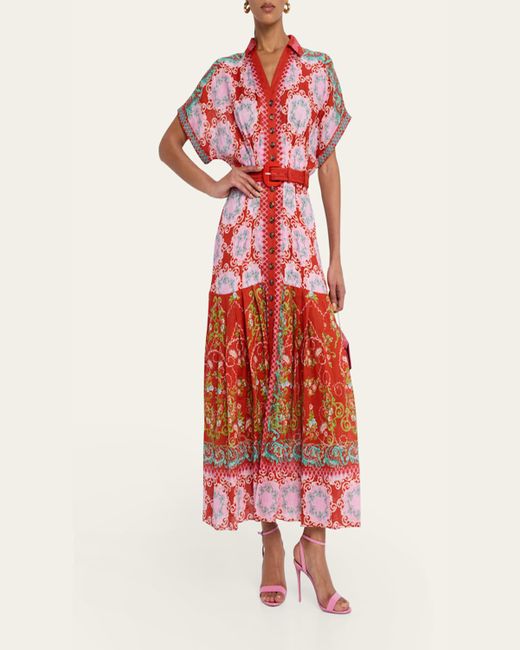 Saloni Red Riya-B Belted Floral Linen Maxi Shirt Dress