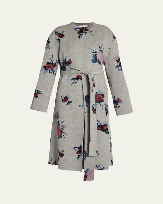 Erdem Gray Flower Wool Belted Oversized Coat