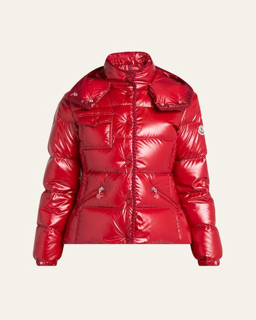 Moncler Red Glareins Hooded Short Down Jacket With Braided Trim