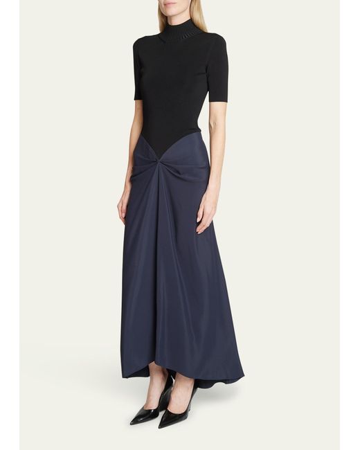 Victoria Beckham Blue Gathered Dress With Polo Neck
