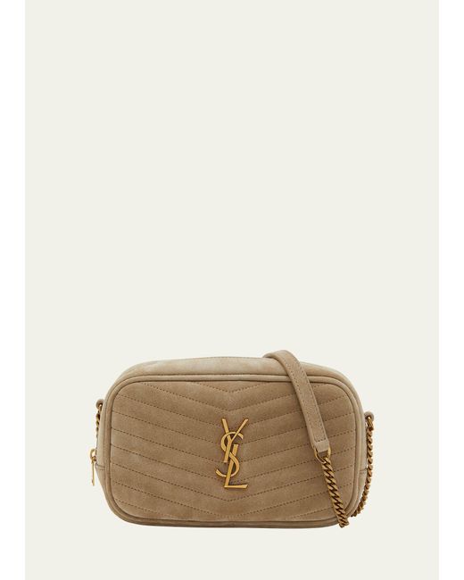 Saint Laurent Natural Lou Mini Ysl Camera Bag In Quilted Suede