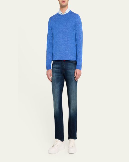 Kiton Blue Cashmere And Linen Crewneck Sweater for men