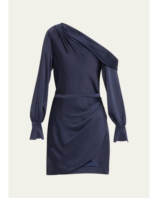 Jonathan Simkhai Blue Cameron One-shoulder Wrap-skirt Satin Mini Dress