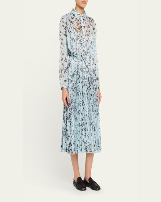 Proenza Schouler Blue Jones Printed Crinkle Chiffon Pleated Dress