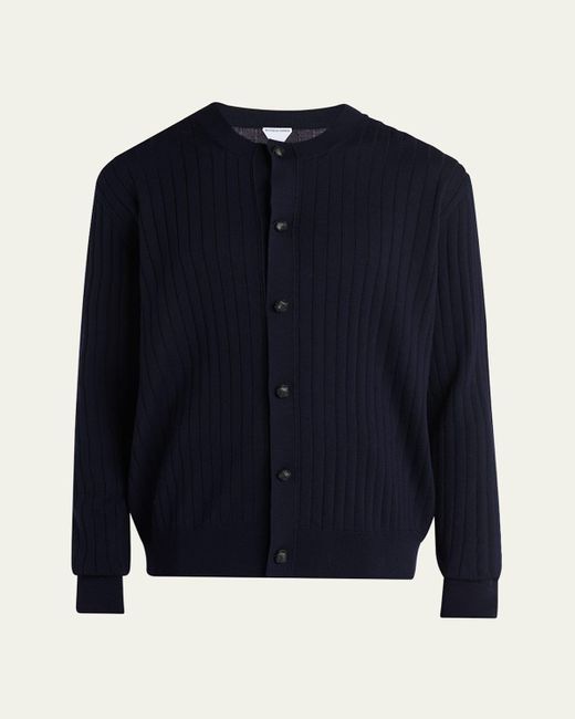 Bottega Veneta Blue Ribbed Wool Cardigan With Leather Buttons for men