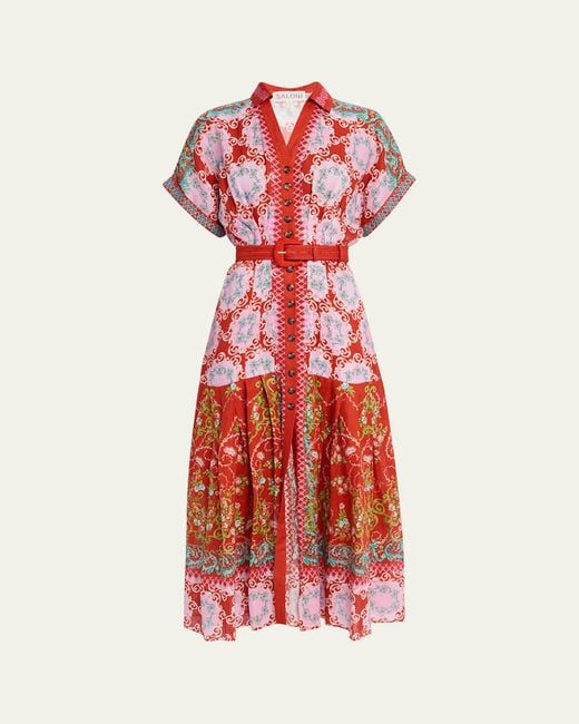Saloni Red Riya-B Belted Floral Linen Maxi Shirt Dress