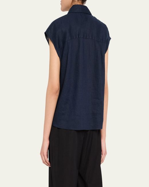 Vince Blue Cap-Sleeve Linen Button-Front Blouse