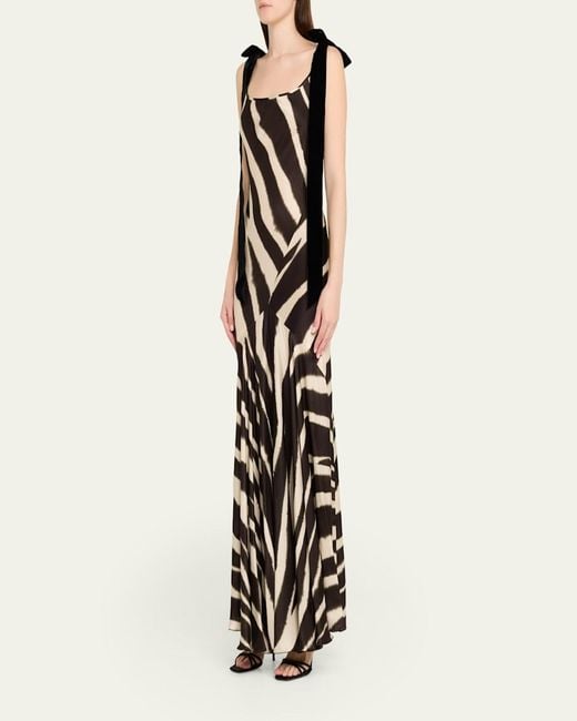 Nina Ricci White Zebra-Print Satin Bow-Shoulder Sleeveless Gown