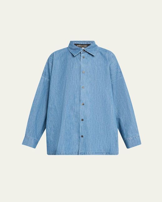 Eskandar Blue Angled-To-Front Side Seam Denim Shirt With Collar (Long Length)