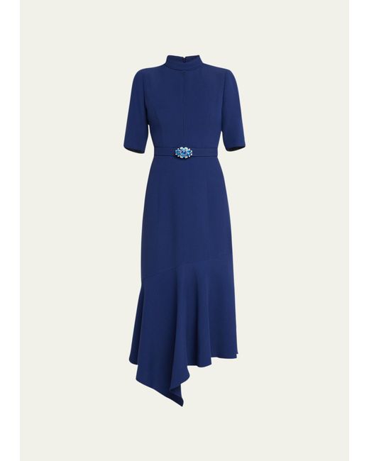 Andrew Gn Blue Asymmetric Midi Dress With Embellished Belted Waist