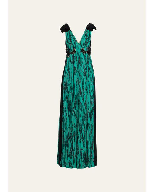 J. Mendel Green Water Garden Floral Printed Silk Hand Pleated Gown