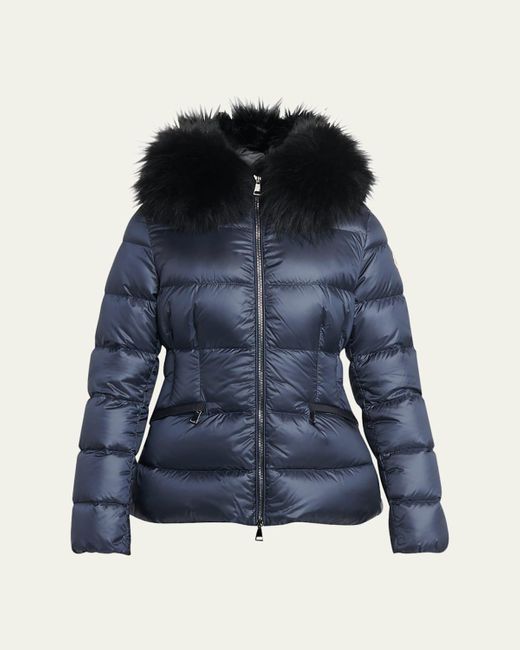 Moncler Blue Boed Short Puffer Jacket With Shearling Hood Trim