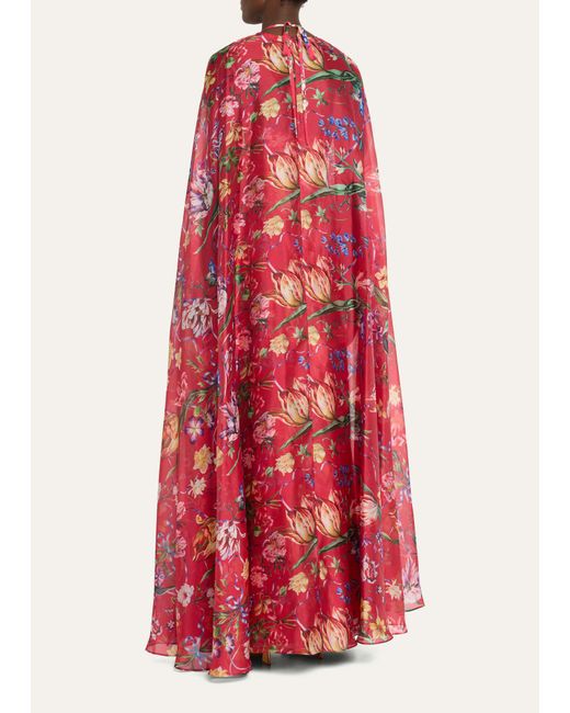Marchesa Red Cutout Floral-print Sweetheart Cape Gown