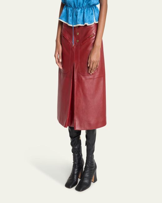 Chloé Red Slouch Leather Midi Skirt