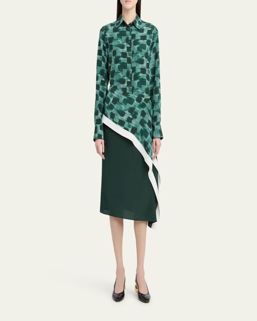 Ferragamo Green Painted Block Asymmetric Silk Skirt