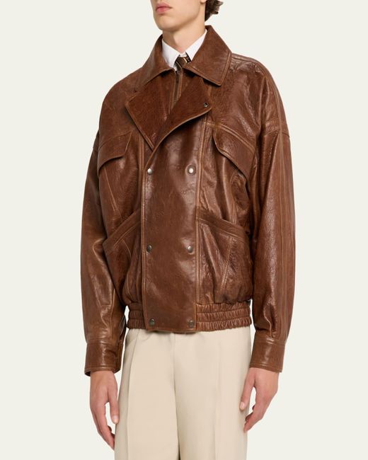 Saint Laurent Brown Antique Leather Double-Snap Bomber Jacket for men