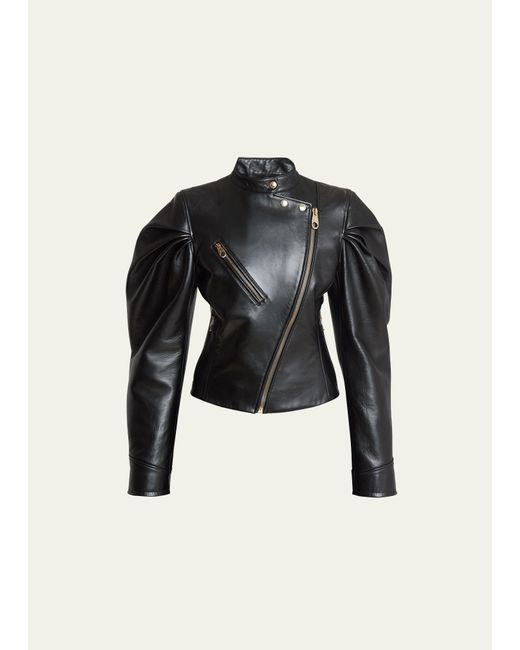 Chloé Black Plonge Leather Biker Jacket With Petal Pleated Sleeves