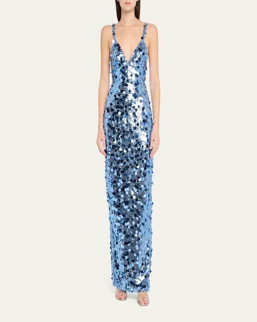 Bronx and Banco Blue Allegra Deep V-Neck Sequin Column Gown