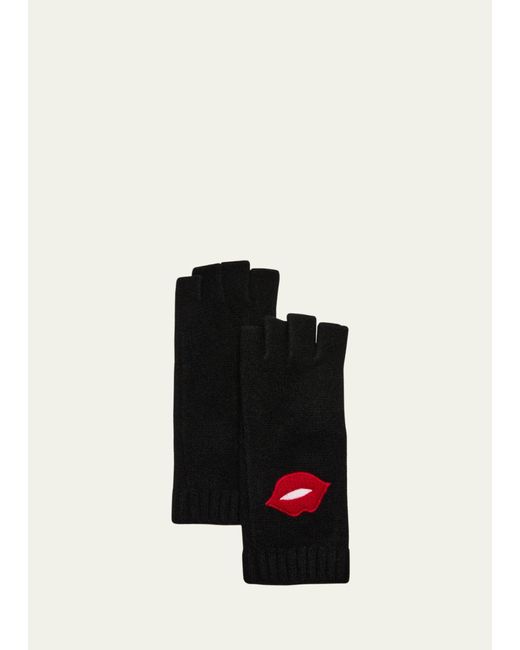 Portolano Black Fingerless Cashmere Gloves With Lips Motif