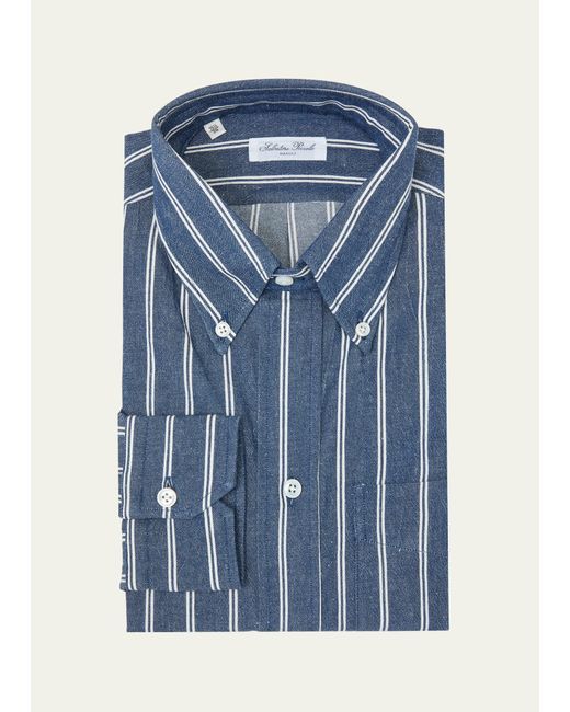 Salvatore Piccolo Blue Cotton Stripe Sport Shirt for men