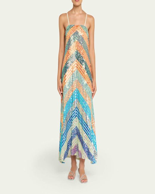 Christopher John Rogers Blue Chevron Sequined Bias Strapless Maxi Dress
