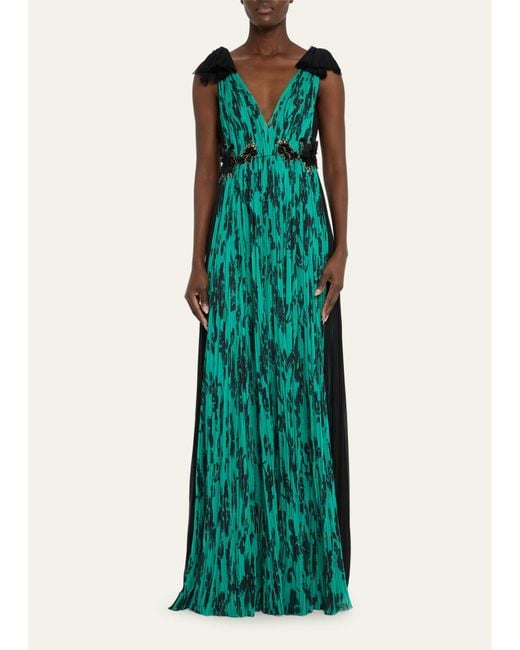 J. Mendel Green Water Garden Floral Printed Silk Hand Pleated Gown