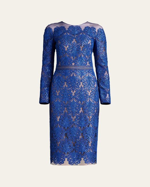 Tadashi Shoji Blue Sequin Illusion Lace Midi Sheath Dress