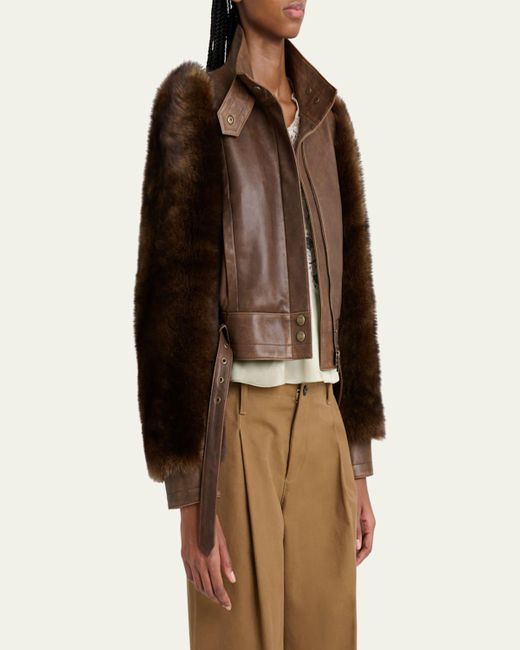 Chloé Brown Faux Fur Sleeves Leather Bomber Jacket